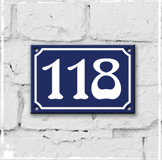 Blue - french enamel house number - 118, Art Nouveau typeface
