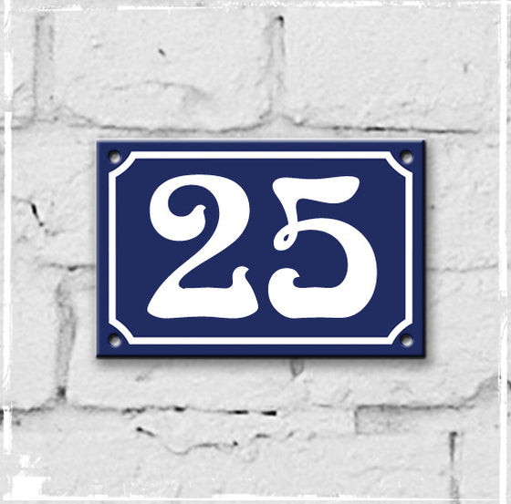 Blue - french enamel house number - 25, Art Nouveau typeface