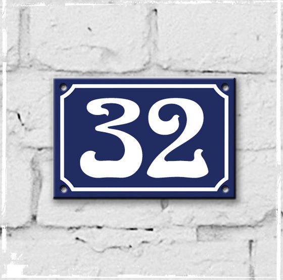 Blue and white enamel house number 32