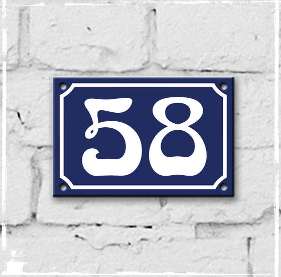 Blue - french enamel house number - 58, Art Nouveau typeface