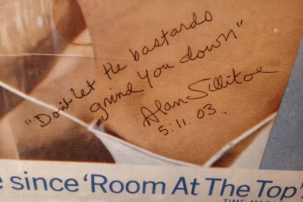 Limited Edition Original 1960s Film Poster “Saturday Night & Sunday Morning” Numbered 61/189 signed by Alan Sillitoe. Image shows Alan's dedication, his quote from the book. "Don't let the bastatds grind you down" His only signed film poster.