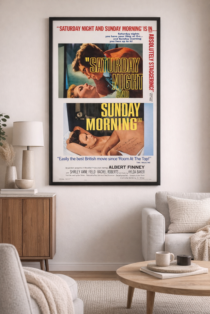 Limited Edition Original 1960s Film Poster “Saturday Night & Sunday Morning” Numbered 61/189 signed by Alan Sillitoe. Image shows Alan's dedication, his quote from the book. "Don't let the bastatds grind you down" His only signed film poster.