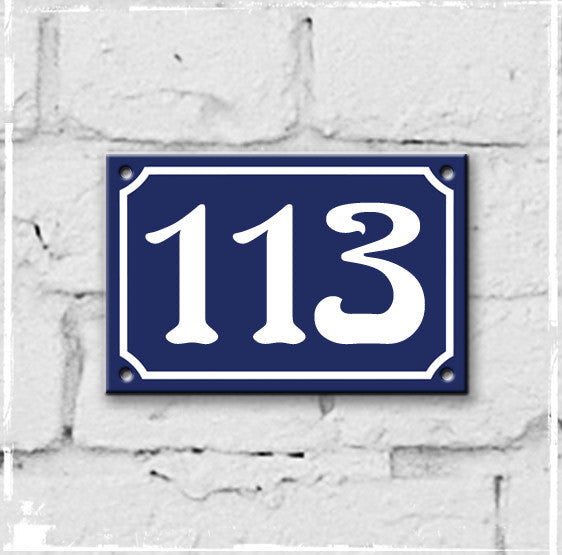 Blue - french enamel house number - 113, Art Nouveau typeface