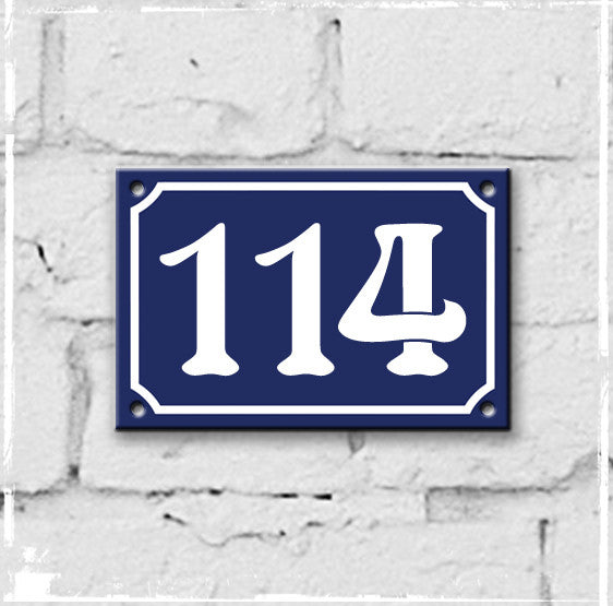 Blue - french enamel house number - 114, Art Nouveau typeface