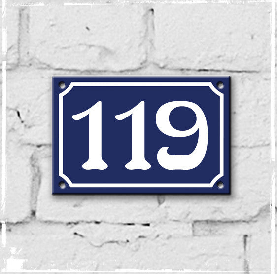 Blue - french enamel house number - 119, Art Nouveau typeface
