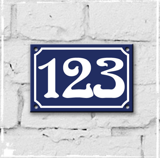 Blue - french enamel house number - 123, Art Nouveau typeface