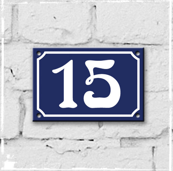 Blue - French enamel house number - 15, Art Nouveau typeface