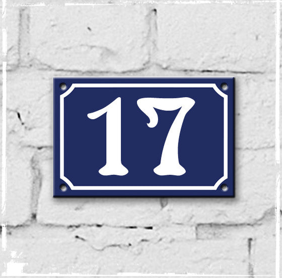 Blue - French enamel house number - 17, Art Nouveau typeface