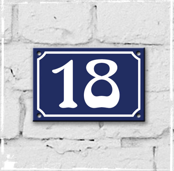 Blue - French enamel house number - 18, Art Nouveau typeface