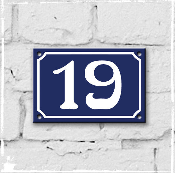 Blue - French enamel house number - 19, Art Nouveau typeface