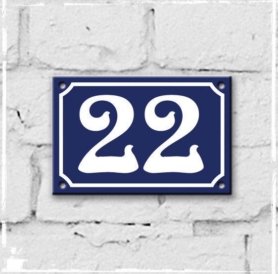 Blue - French enamel house number - 22, Art Nouveau typeface