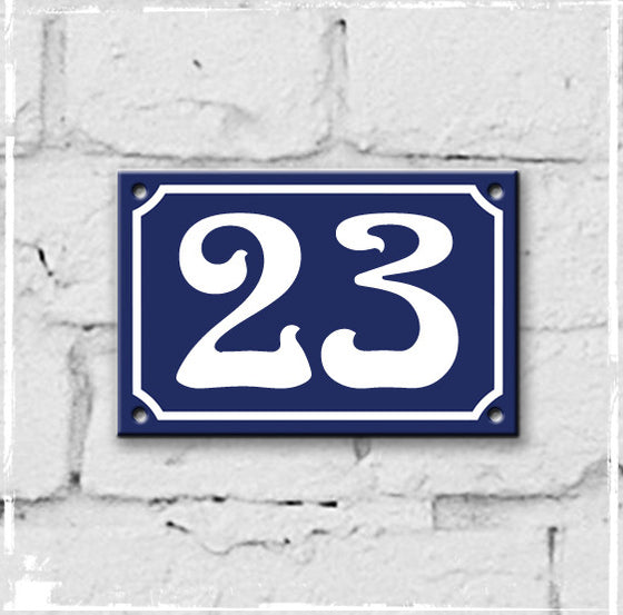 Blue - French enamel house number - 23, Art Nouveau typeface