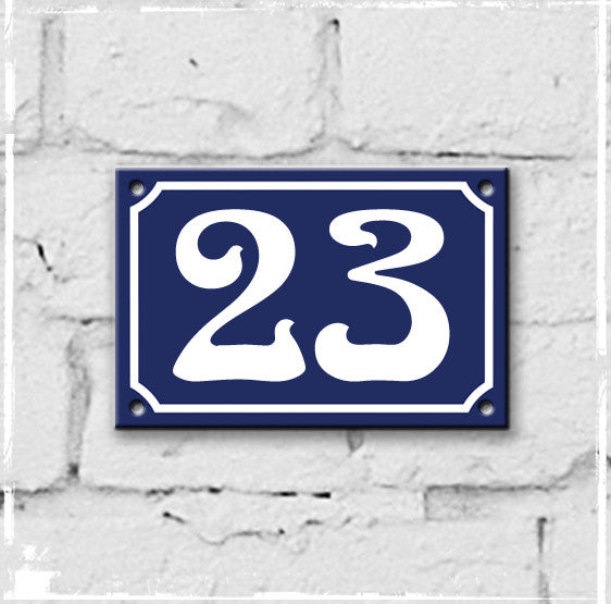Blue - French enamel house number - 23, Art Nouveau typeface
