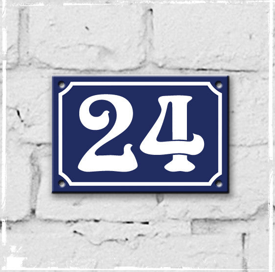 Blue - french enamel house number - 24, Art Nouveau typeface