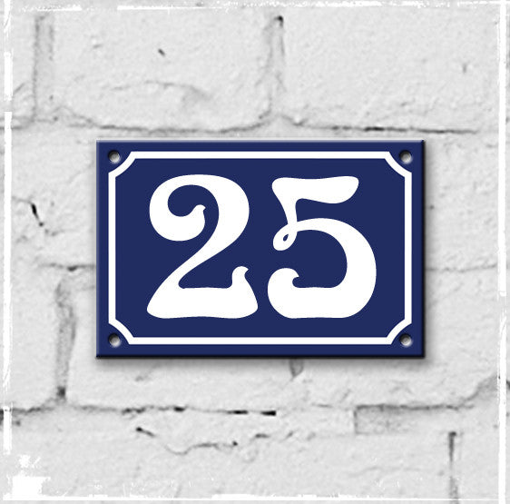 Blue - french enamel house number - 25, Art Nouveau typeface