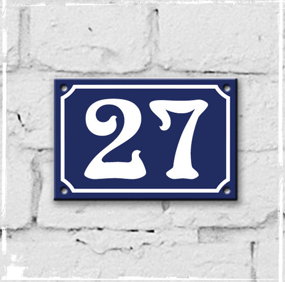 Blue - french enamel house number - 27, Art Nouveau typeface