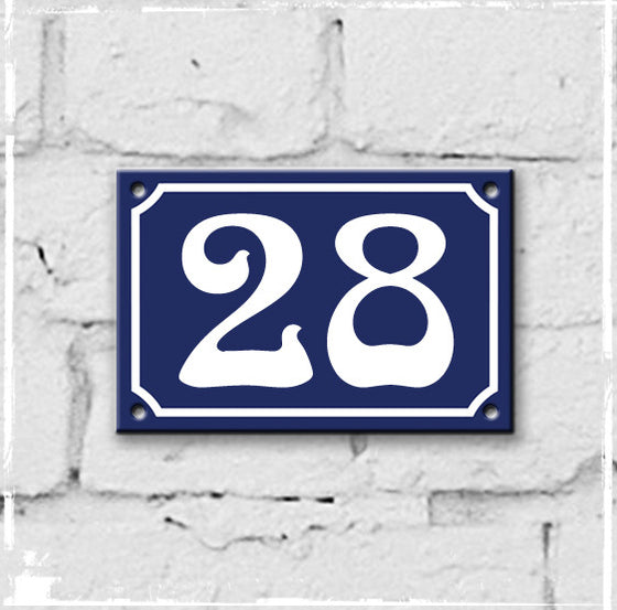 Blue - french enamel house number - 28, Art Nouveau typeface
