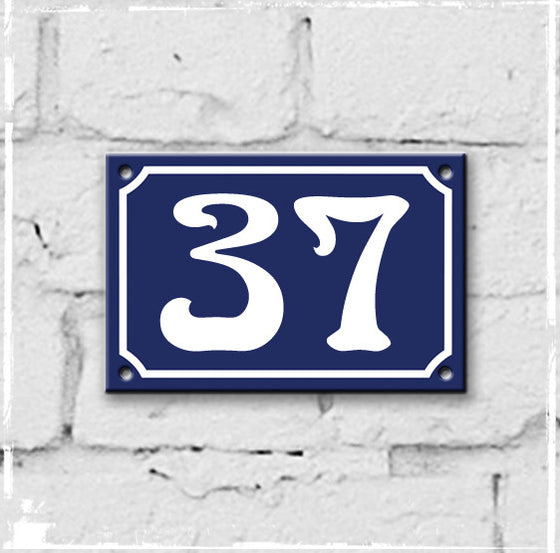 Blue - french enamel house number - 37, Art Nouveau typeface