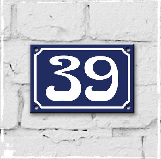 Blue - French enamel house number - 39, Art Nouveau typeface