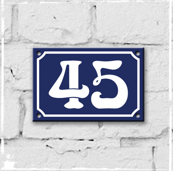 Blue - french enamel house number - 45, Art Nouveau typeface