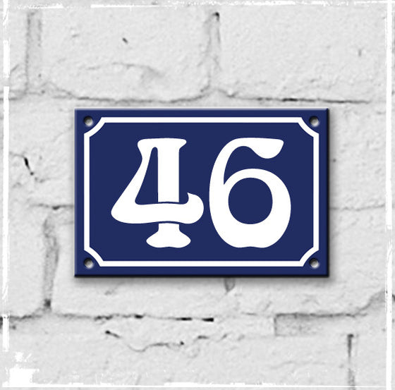 Blue - french enamel house number - 46, Art Nouveau typeface