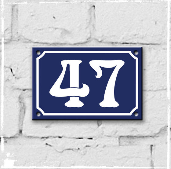 Blue - french enamel house number - 47, Art Nouveau typeface