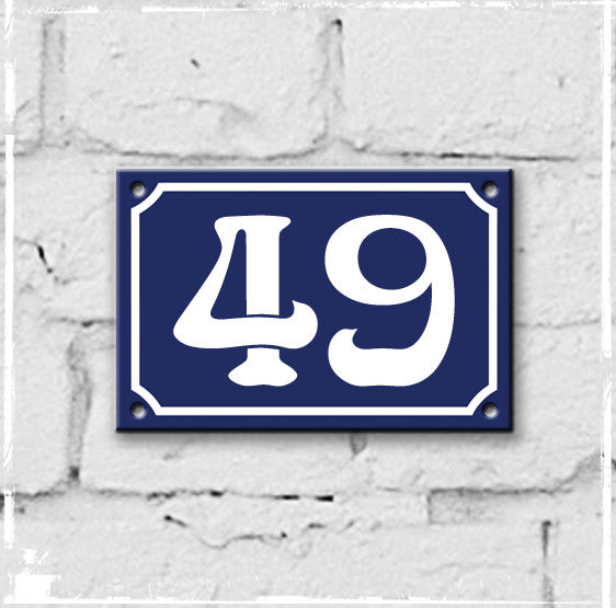 Blue - french enamel house number - 49, Art Nouveau typeface