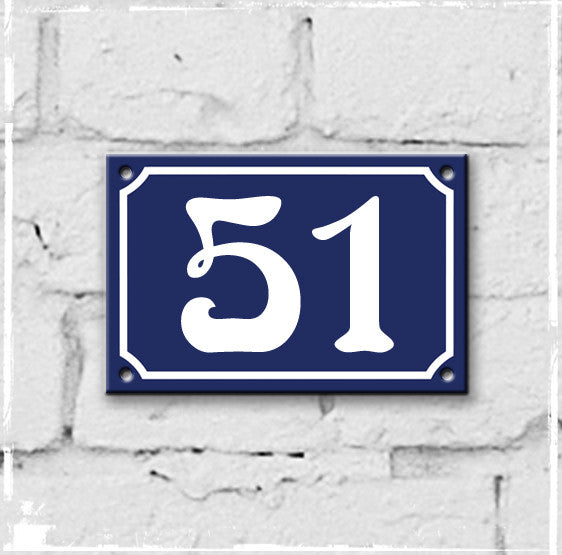 Blue - french enamel house number - 51, Art Nouveau typeface