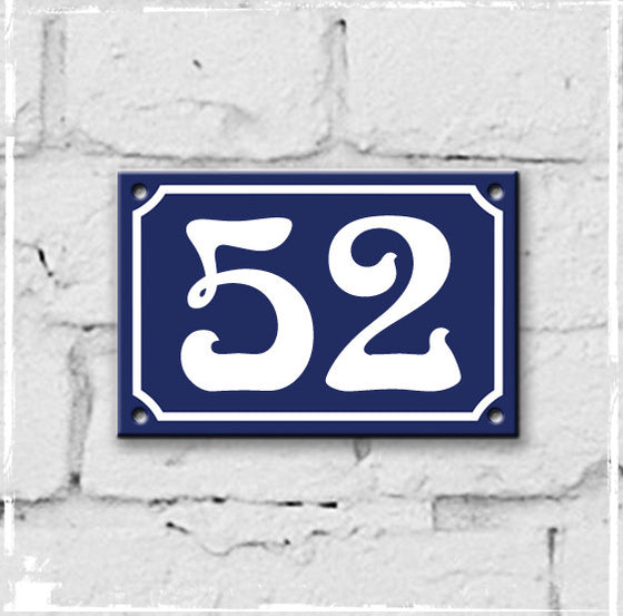 Blue - french enamel house number - 52, Art Nouveau typeface