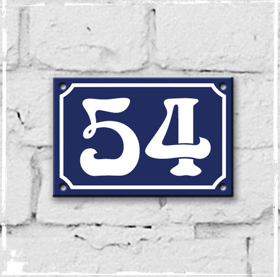Blue - french enamel house number - 54, Art Nouveau typeface