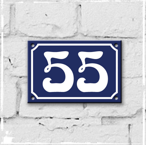 Blue - french enamel house number - 55, Art Nouveau typeface