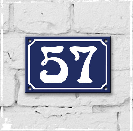 Blue - french enamel house number - 57, Art Nouveau typeface