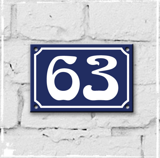 Blue - french enamel house number - 63, Art Nouveau typeface
