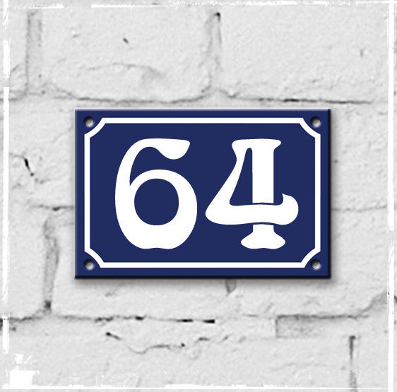 Blue - french enamel house number - 64, Art Nouveau typeface