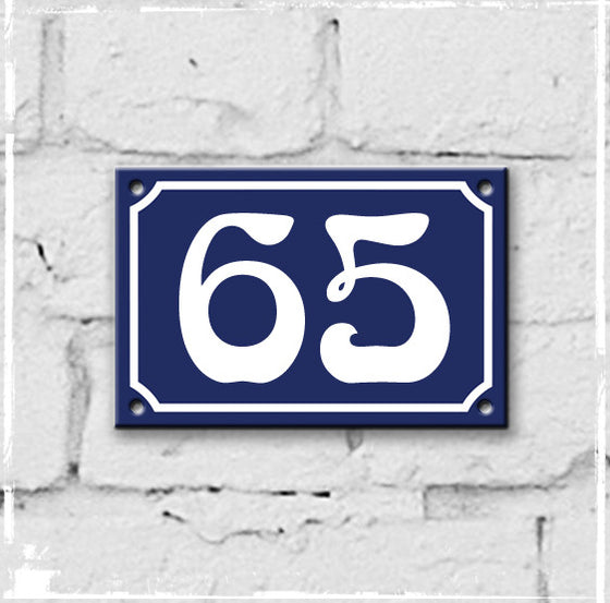 Blue - french enamel house number - 65, Art Nouveau typeface