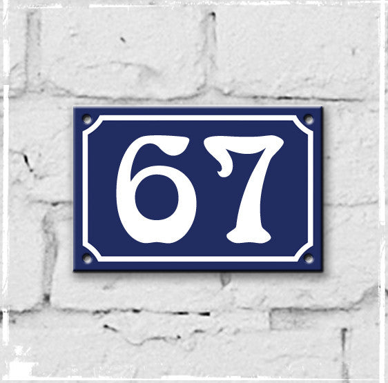 Blue - french enamel house number - 67, Art Nouveau typeface