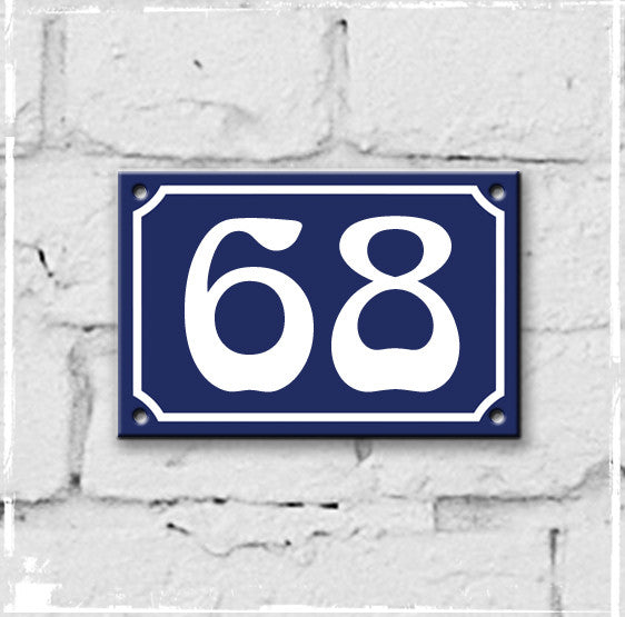 Blue - french enamel house number - 68, Art Nouveau typeface