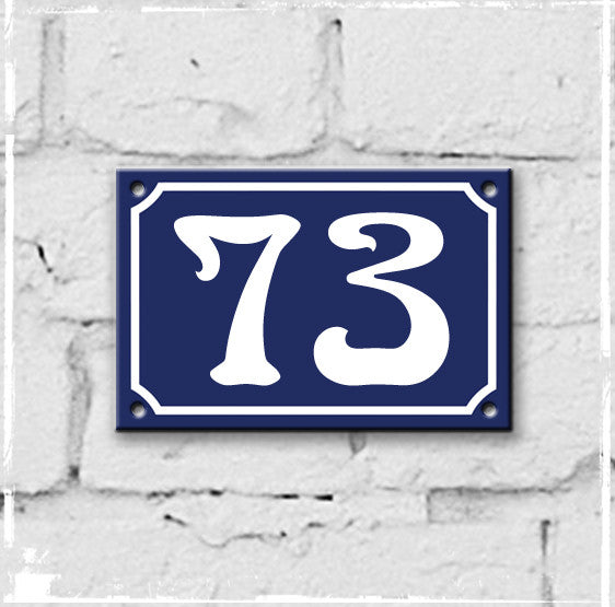Blue - french enamel house number - 73, Art Nouveau typeface