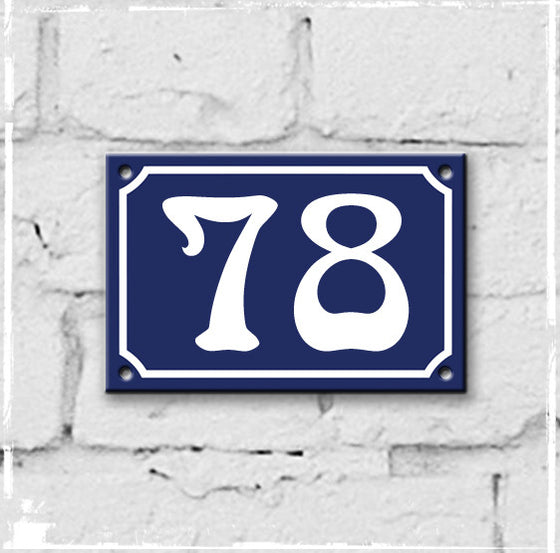 Blue - french enamel house number - 78, Art Nouveau typeface