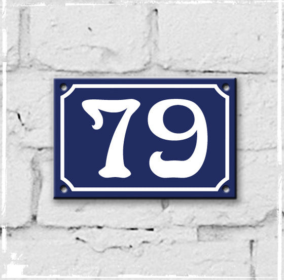 Blue - french enamel house number - 79, Art Nouveau typeface