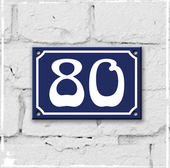 Blue - french enamel house number - 80, Art Nouveau typeface