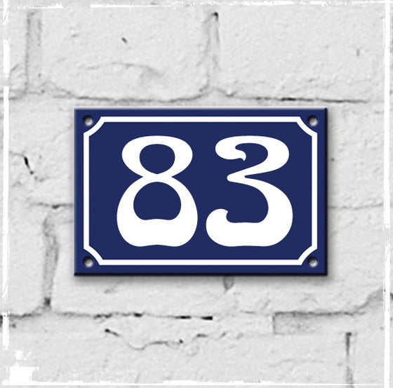 Blue - french enamel house number - 83, Art Nouveau typeface