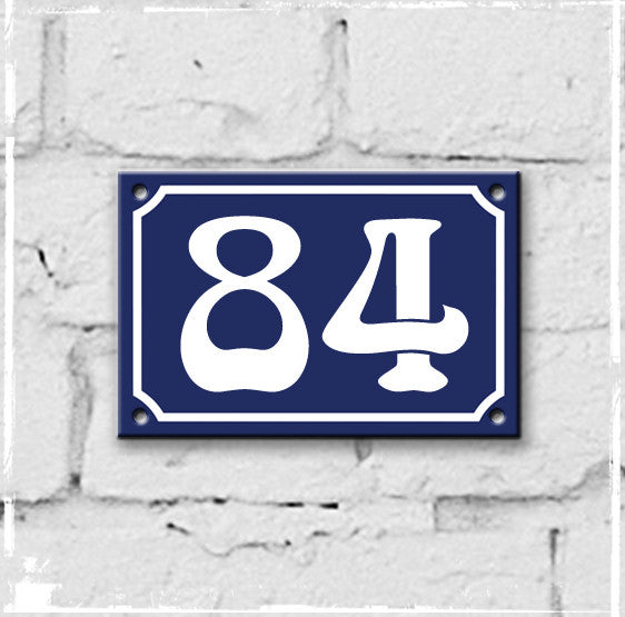 Blue - french enamel house number - 84, Art Nouveau typeface
