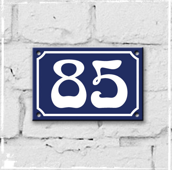 Blue - french enamel house number - 85, Art Nouveau typeface