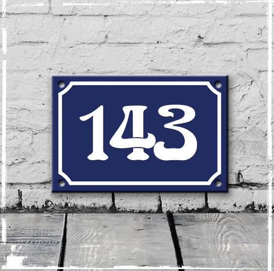 Blue - french enamel house number - 143, Art Nouveau typeface
