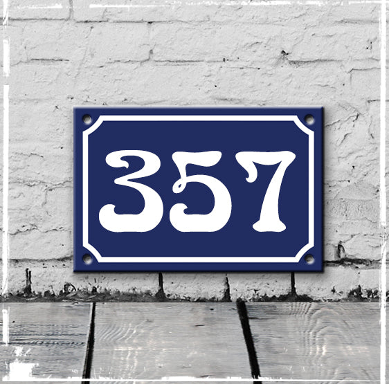 Blue - french enamel house number - 357, Art Nouveau typeface
